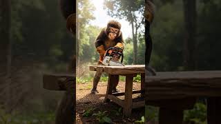 Monkey with tools | cutting table with chainsaw 🪵🔧#Monkey #Chainsaw #Woodwork #Shorts #LittleMonkey