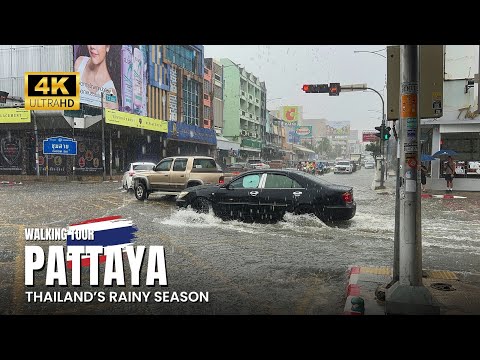 Experience Heavy Rain & Floods in Pattaya, Thailand - 4K Walking Tour