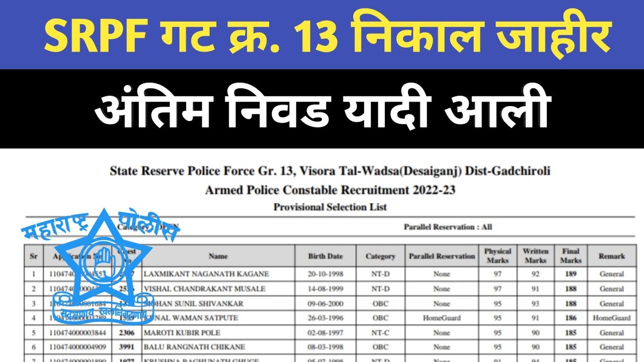 SRPF गट क्र. 13 निकाल जाहीर | srpf result 2024 | srpf final cut off 2024