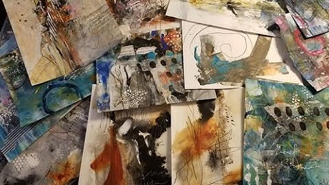 Creating 11 small abstract paintings showing several processes, tools, paints, mark making & layers.