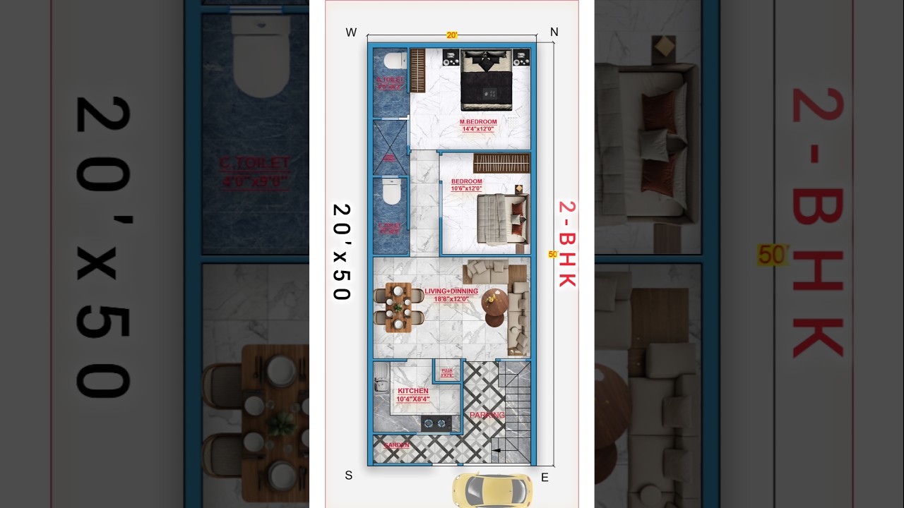 20x50 South East Facing 2BHK House Plan | Vastu Friendly Home Design with Parking | 1000Sqft | 20*50