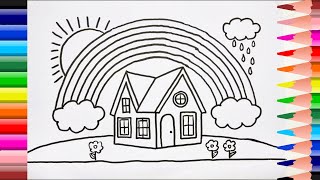 How to Draw a House with Clouds, Rainbow and Sun | Draw, Paint, Color Rainbow