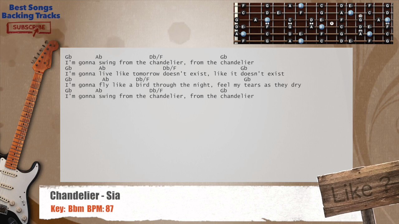 🎸 Chandelier Sia Guitar Backing Track with chords and lyrics YouTube