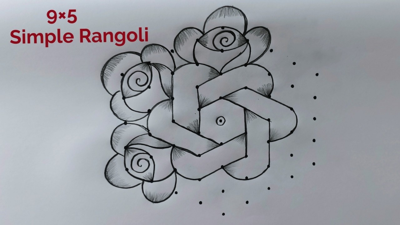 Simple Rose Rangoli Design 9×5 🌺 9 Dot Masi Madham Kolam 🌺 Daily Muggulu 🌺 Beautiful Rangoli