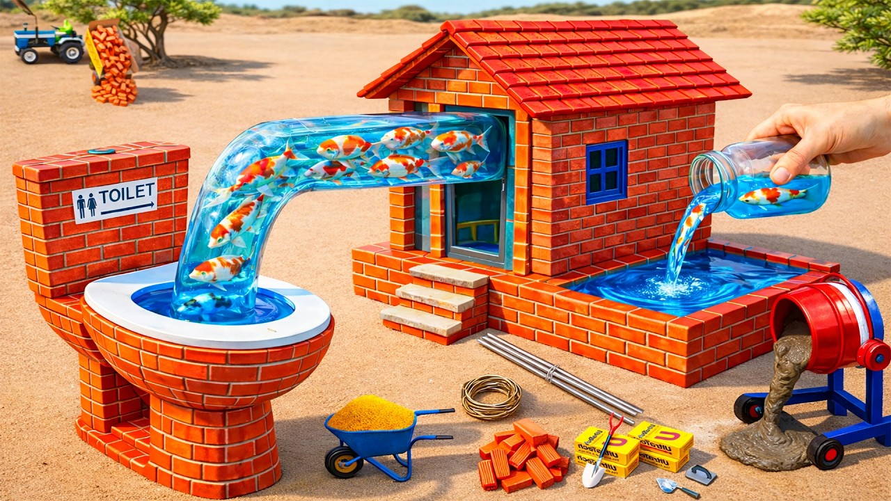 DIY Construction Science Project - Building a Modern Fish Toilet and Pool Tank with Brick and Cement