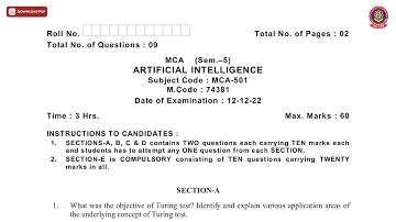 MCA 5TH SEM ARTIFICIAL INTELLIGENCE DEC 2022 | PTU
