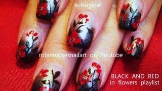 Nail Art Black Gradient with Red Flower Nails Gothic Nail Design
