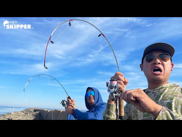 CRAZY FISHING ACTION W/ TWO TINY RODS ON THE JETTY! 