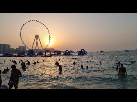 Dubai Marina JBR The Beach Sunset & Footage of People Swimming at Night Time in Sunday June 04, 2023