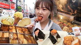 Ep.9 🇯🇵Street food Mukbang in Tokyo! Oden, Croquette, Skewers, Onigiri, Taiyaki🍙🧁