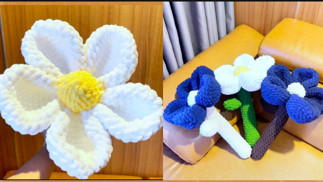Hướng dẫn móc bông hoa khổng lồ 5 cánh bằng len nhung đũa cực dễ làm