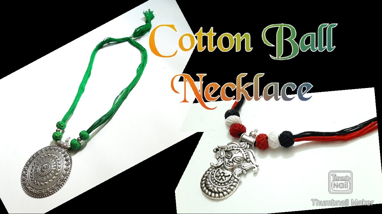 How to Make Cotton Ball Necklace with German Silver Durga Pendant II DIY cotton ball necklace making