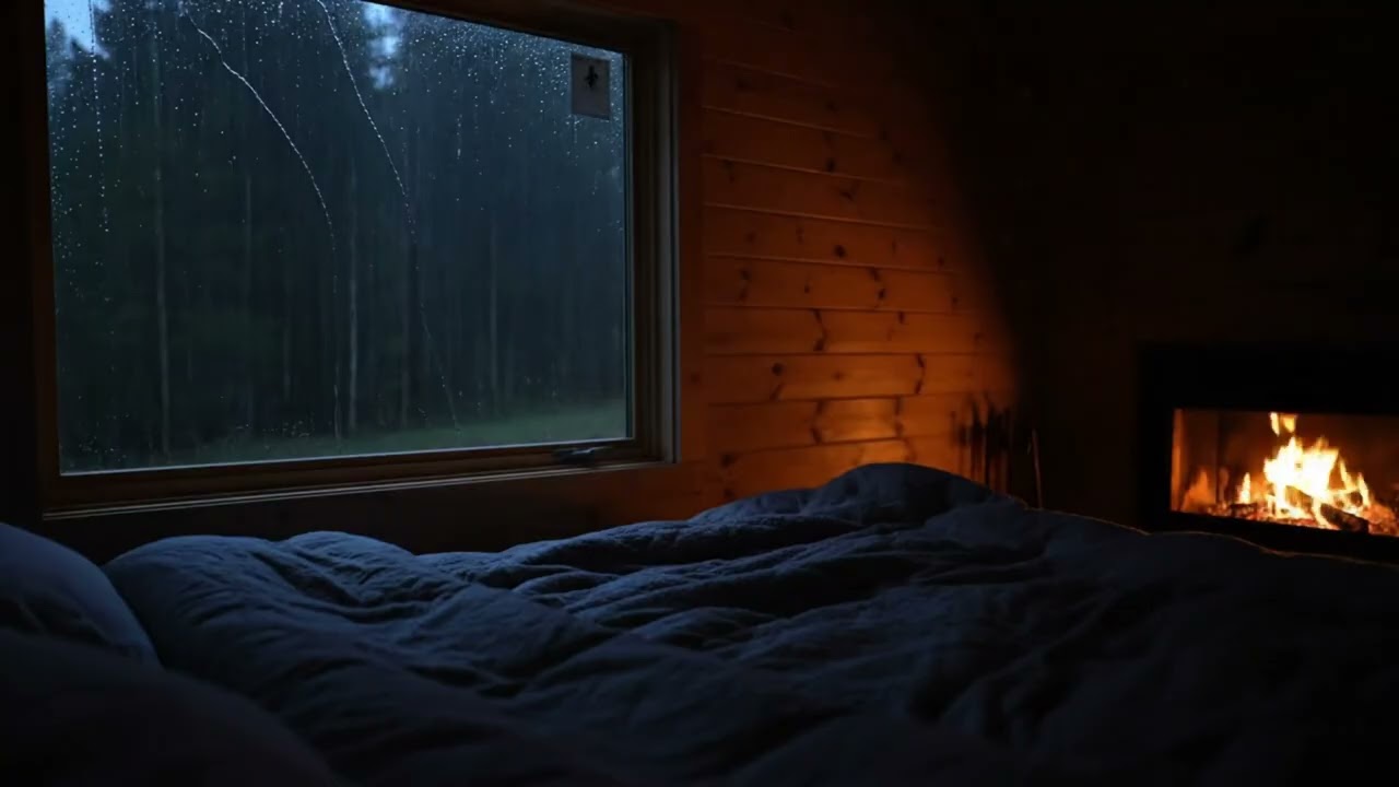 Cozy Cabin Bedroom Night with Rain & Fireplace 🌧️🔥 Deep Sleep Sounds