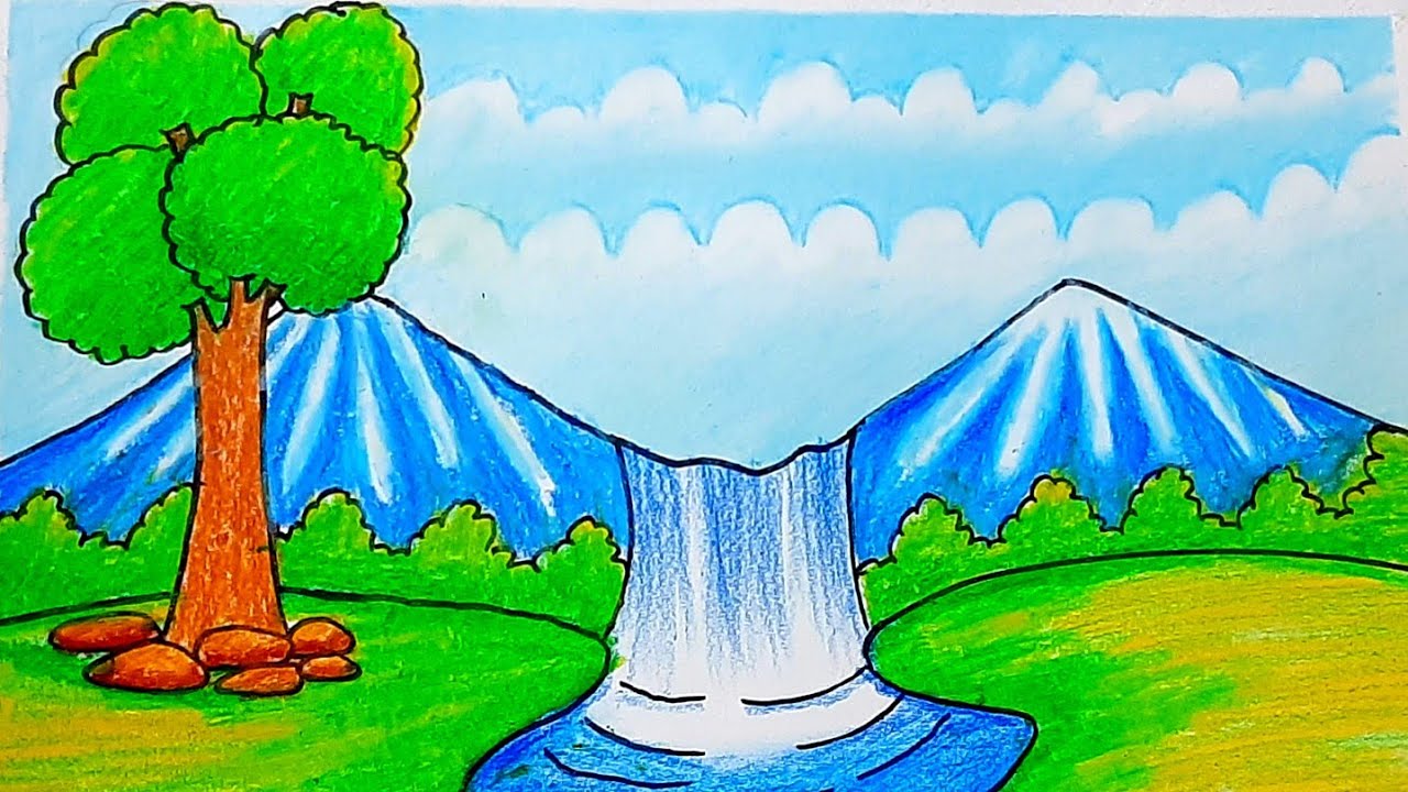 How to Draw Easy Scenery  Drawing Waterfall at Sunset Scenery Step by Step  with Oil Pastels  YouTube