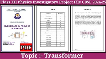Physics Class 12 Transformer File Project | Transformer Investigatory Project With PDF | CBSE 24-25