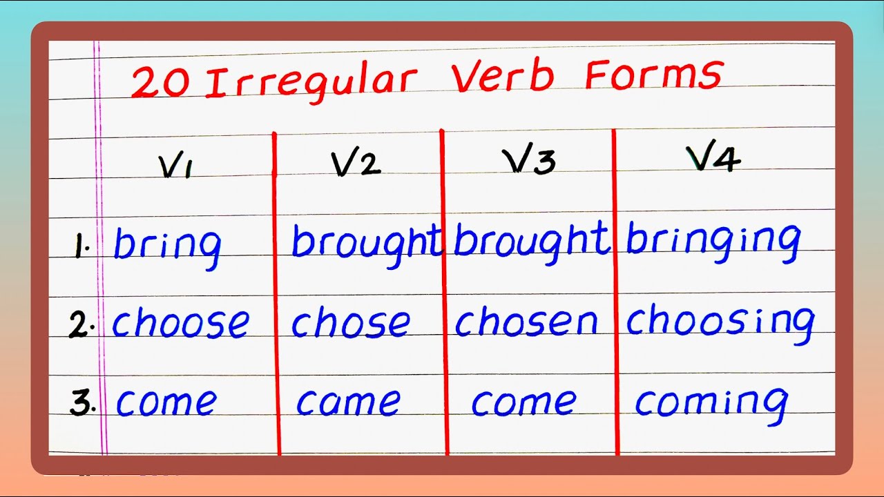 20 Irregular Verbs V1 V2 V3 and V4 | Examples Irregular Verbs V1 V2 V3 V4 | in English