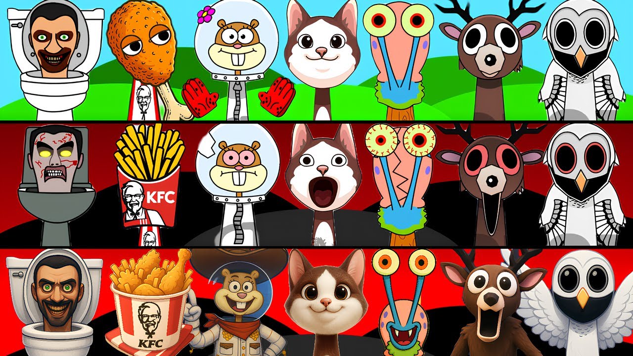 Incredibox Sprunki OC Phase 1 to Phase 3 Pop Cat, Gary, Sandy Cheeks, Skibidi Toilet, THE DEER