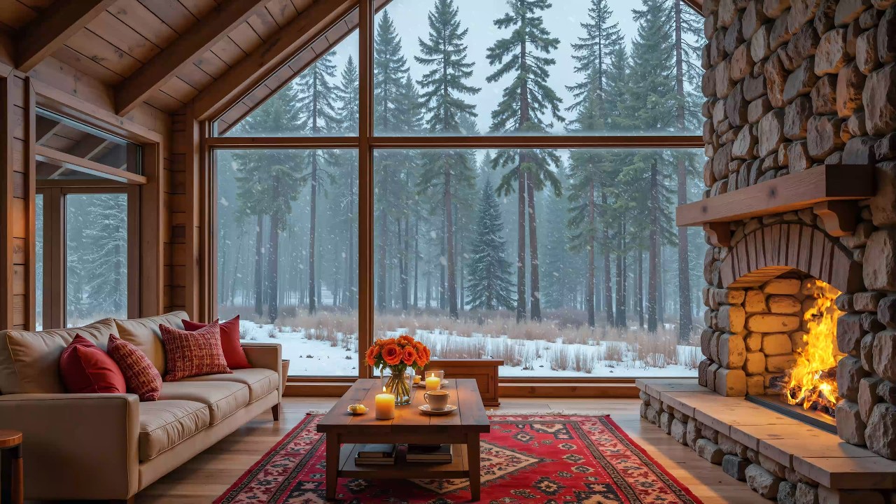 Cozy Winter Cabin Ambience ️ Gentle Piano Music, Falling Snow & Cozy ...