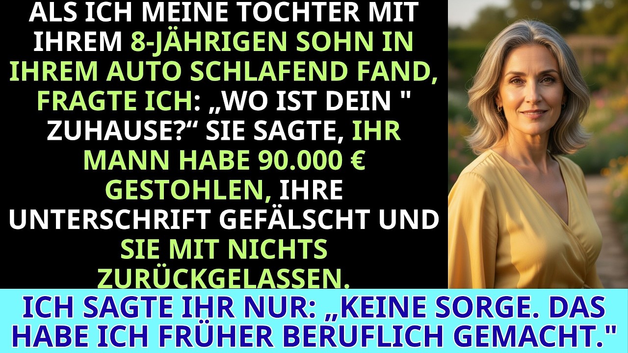 Ich fand meine Tochter morgens um sieben schlafend in ihrem alten VW, meinen Enkel auf der Rückbank unter einer Decke. Als ich fragte, wo ihr Haus sei, fing sie nur an zu weinen. Ihr Mann hatte...