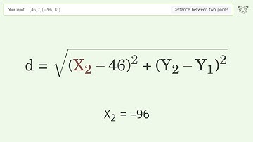 Find the distance between two points p1 (46,7) and p2 (-96,15): Step-by-Step Video Solution