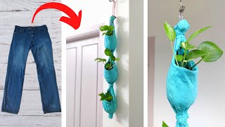 How to make vertical hanging pot using old jeans | Hanging plant ideas |  Hanging decoration ideas
