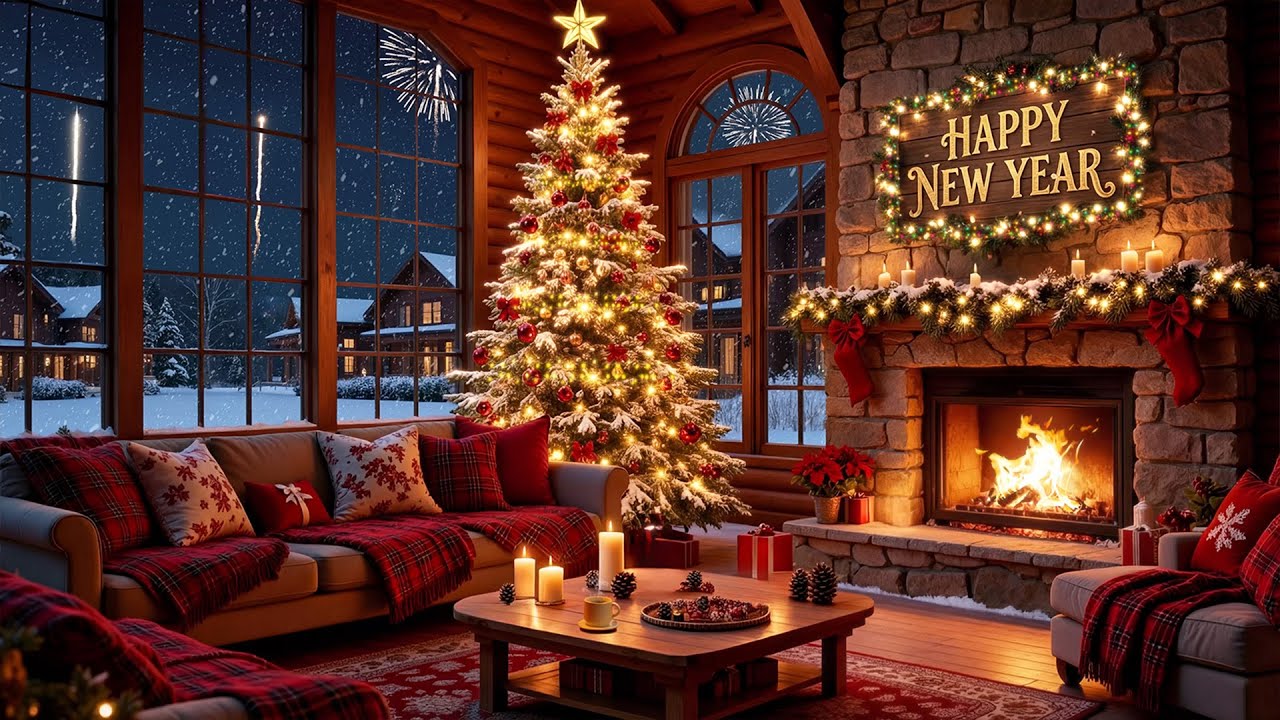 New Year’s Eve Winter Cabin Ambience with Beautiful Fireworks ❄️Relaxing Christmas Music & Fireplace