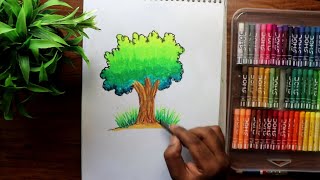 simple tree drawing for kis / tree drawing with oil pastel colour
