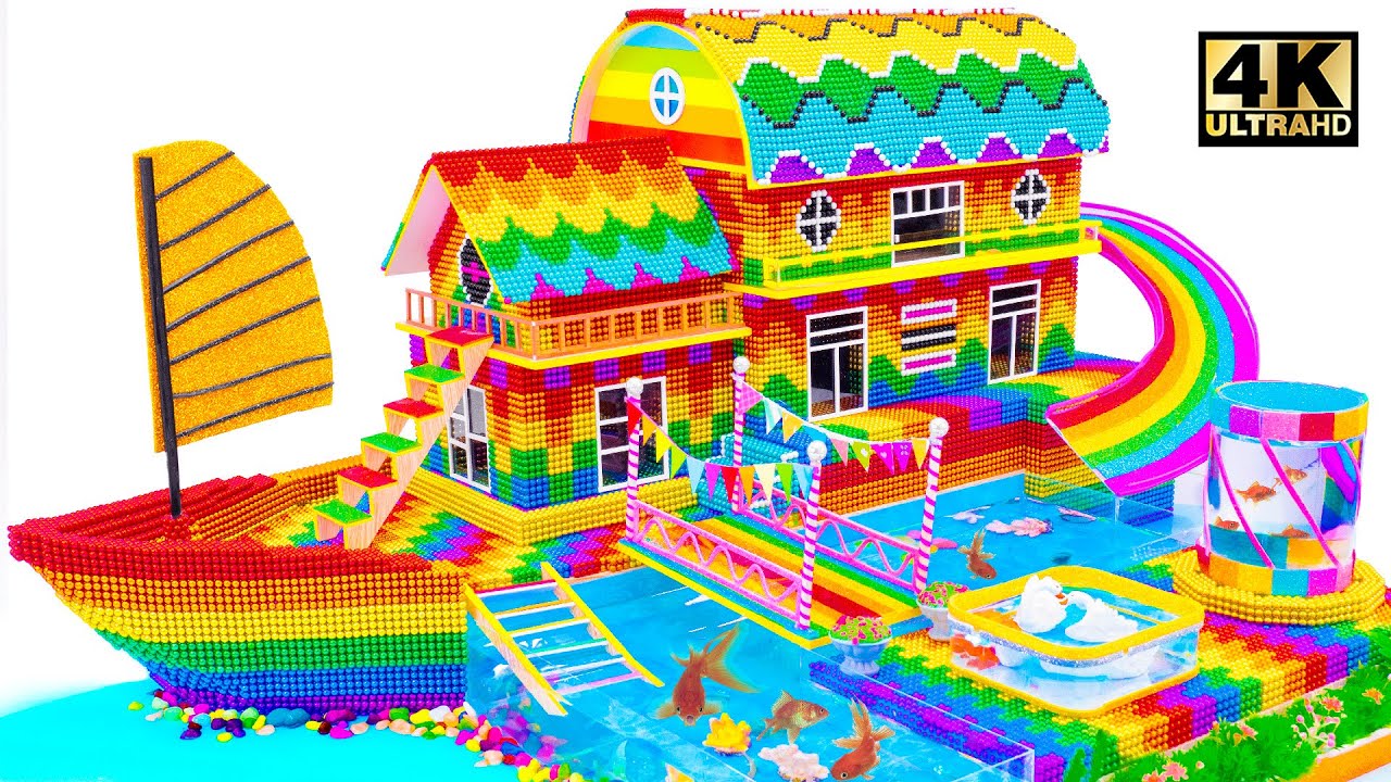 ASMR Video | How To Make Rainbow House Boat From Magnetic Balls For Pet Family Living On The Water