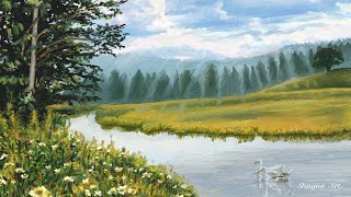 Riverbank Wildflowers in a Serene Landscape: Immersive Painting Demonstration