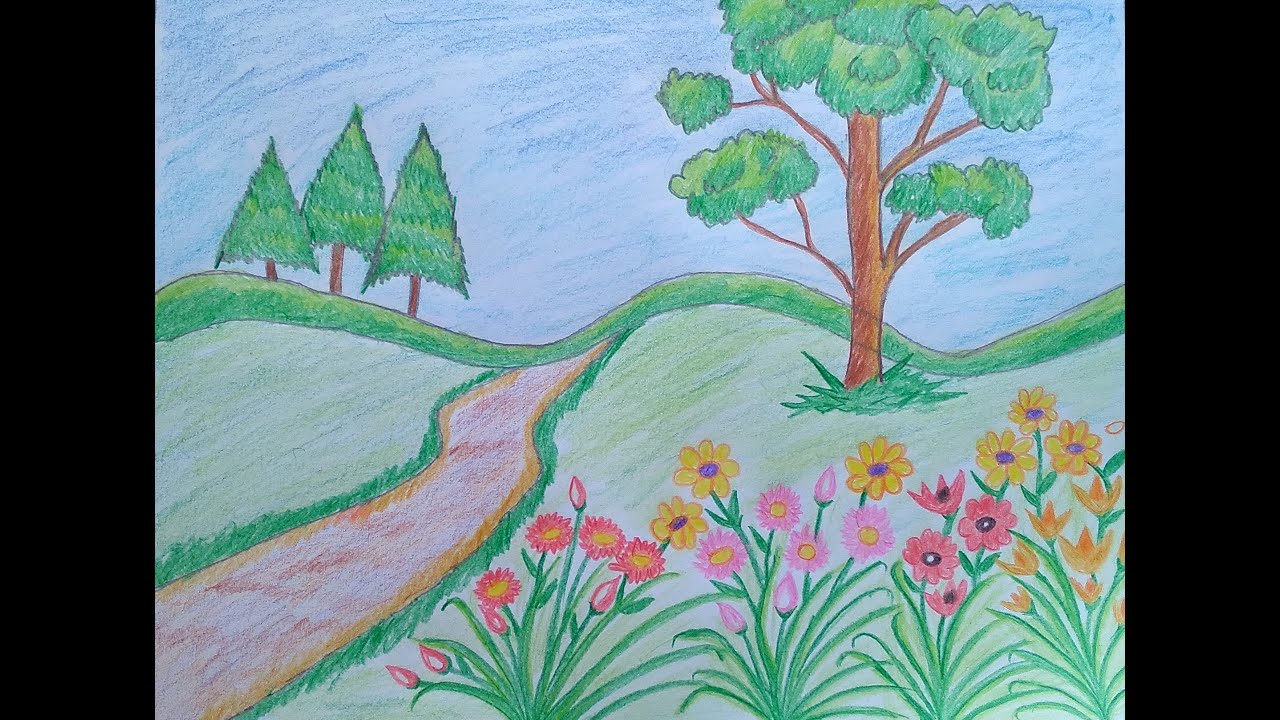 Easy way to draw a Flower garden\Beautiful scenery of flower garden