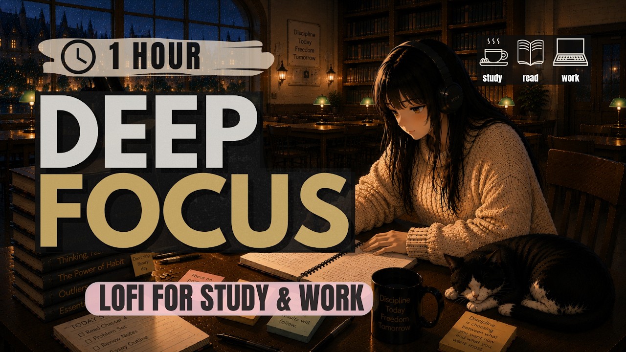 1 HOUR Deep Focus Lofi ☕ Cozy Library Night for Study & Work - YouTube