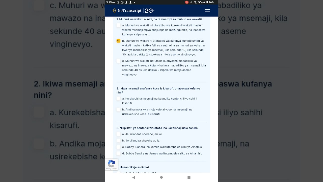 Go transcript today's test answers today