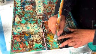 Abstract Acrylic Painting - squeegee technique to create rustic texture overlayed with pattern work