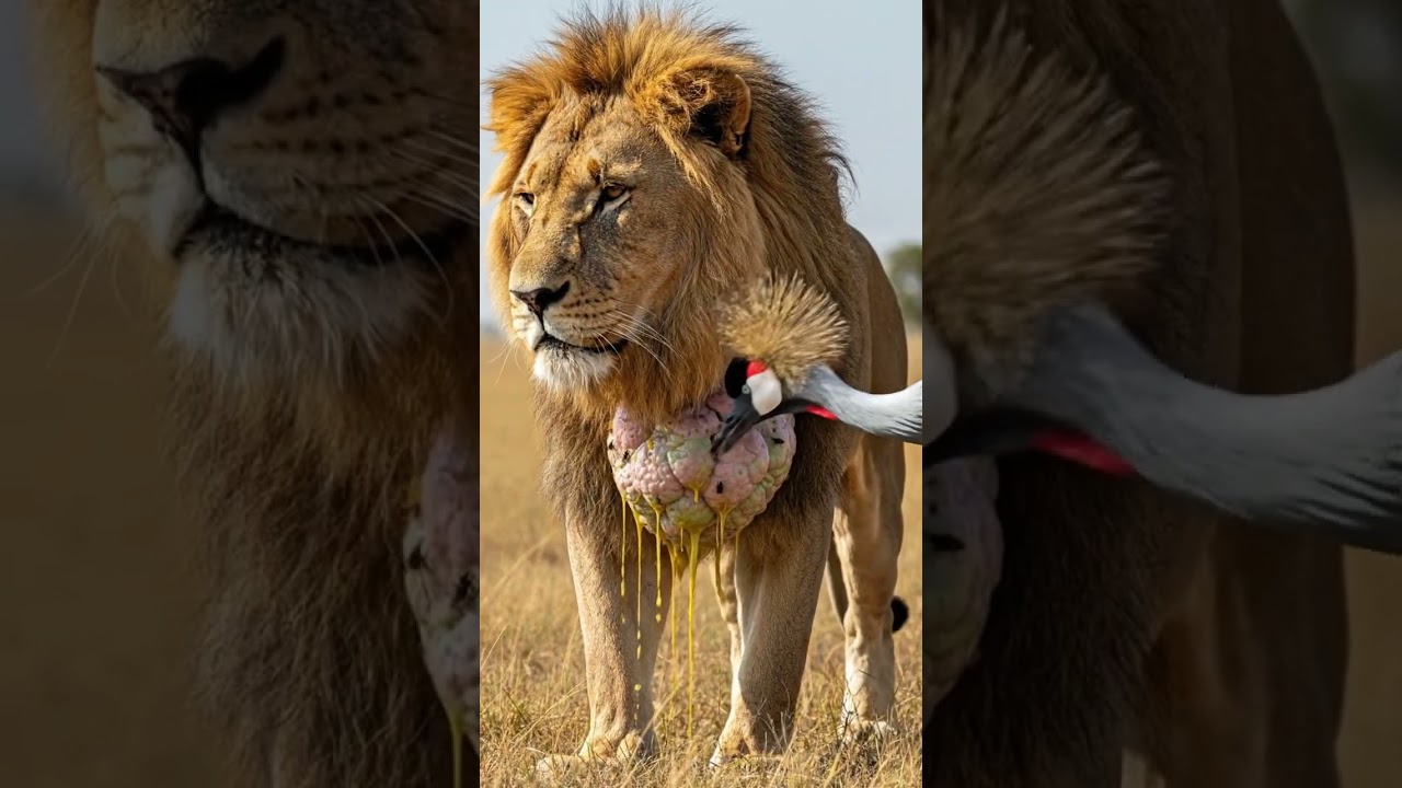 The lion was freed from the tumor by the crane. 