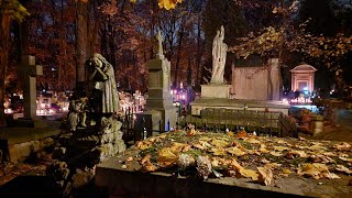 Walking Though A Graveyard In Krakow, Poland On Halloween