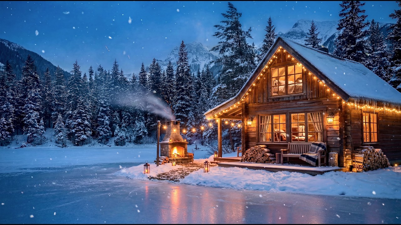 Cozy Cabin by a Frozen Lake ❄️ with Fireplace 🔥 & Gentle Snowfall | Slow Jazz