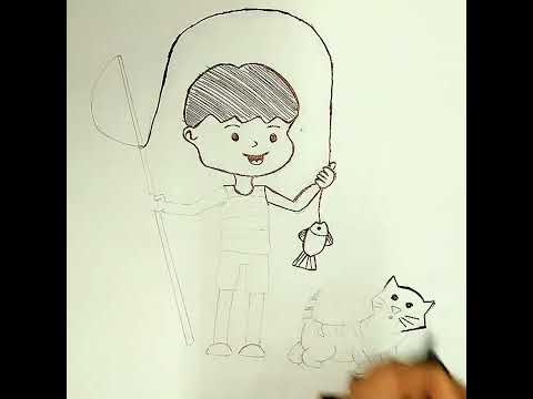 رسم سهل رسم ولد يصطاد سمك مع قطة بالخطوات تعليم الرسم  