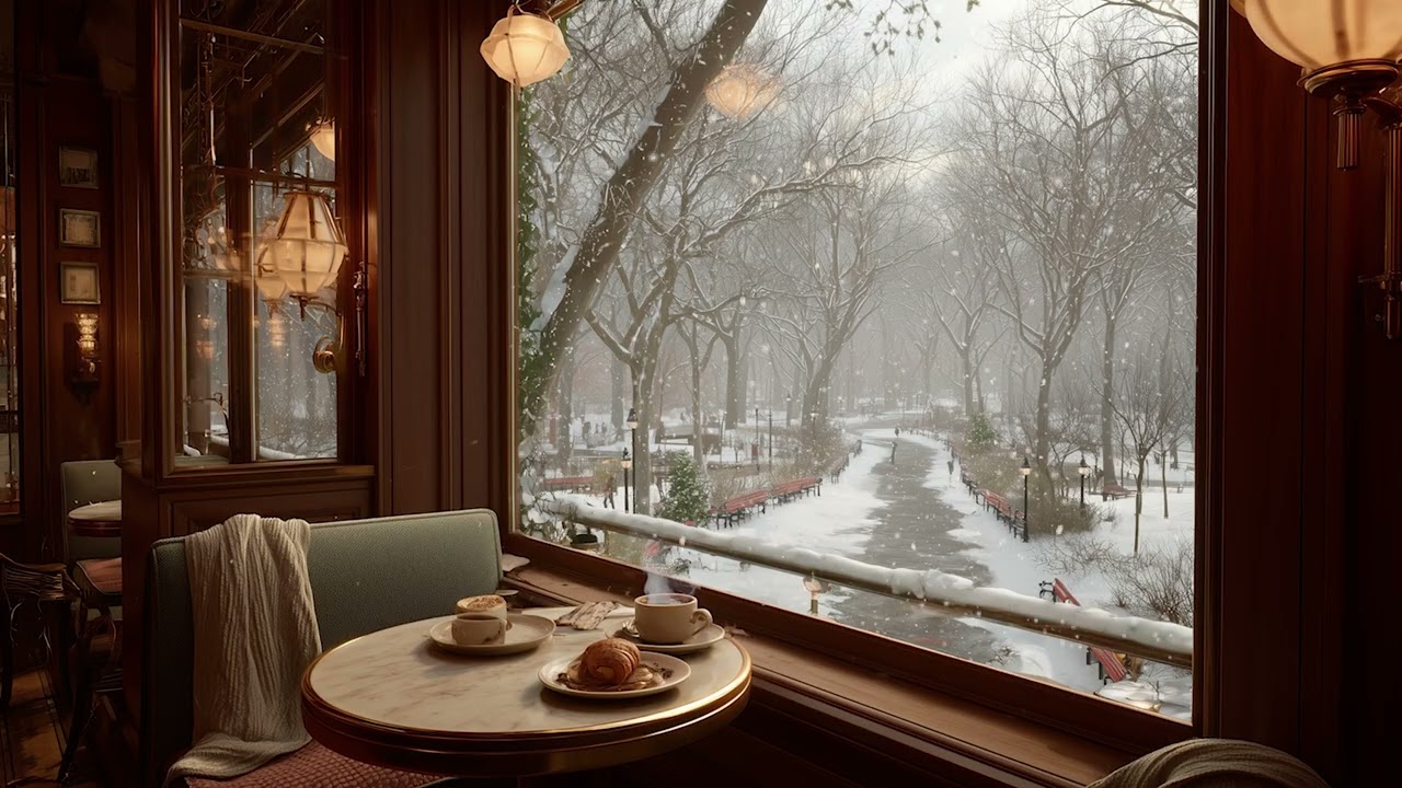 Snowy Afternoon by Central Park ❄️ | Cozy Jazz Café Ambience