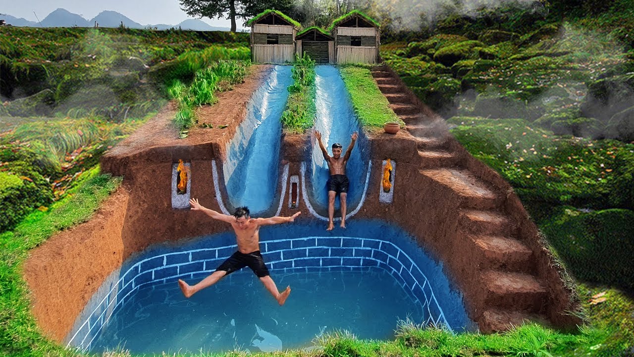 Dig To Build Swimming Pool Water Slide Longest Around Secret Underground House