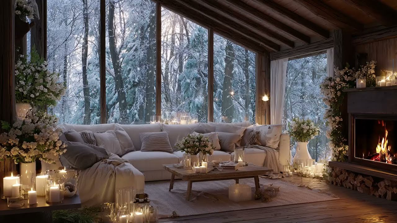Warm Vibes in a Snowy Forest: Relaxing Piano Music and Cabin Fireplace for Total Comfort