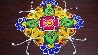 Simple Welcome Butterfly Rangoli for New Year 2019 - Pongal Kolam with 9x1 dots - Flower muggulu