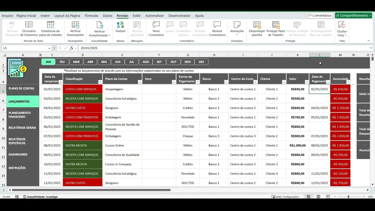 Planilha Controle Financeiro Completo com Centro de Custos em Excel