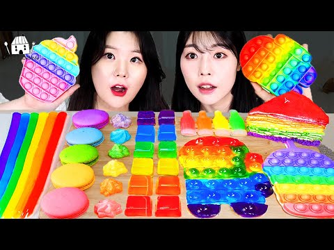 ASMR MUKBANG| 레인보우 디저트 팝잇 푸쉬팝 아이스크림 마카롱 젤리 먹방 & 레시피 DESSERT ICE CREAM MACARONS EATING