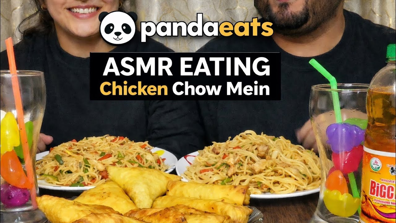 ASMR EATING CHICKEN CHOW MEINE WITH VEGITABLE ROLL,CHICKEN CHEESE SAMOSAS &COLD DRINKS 