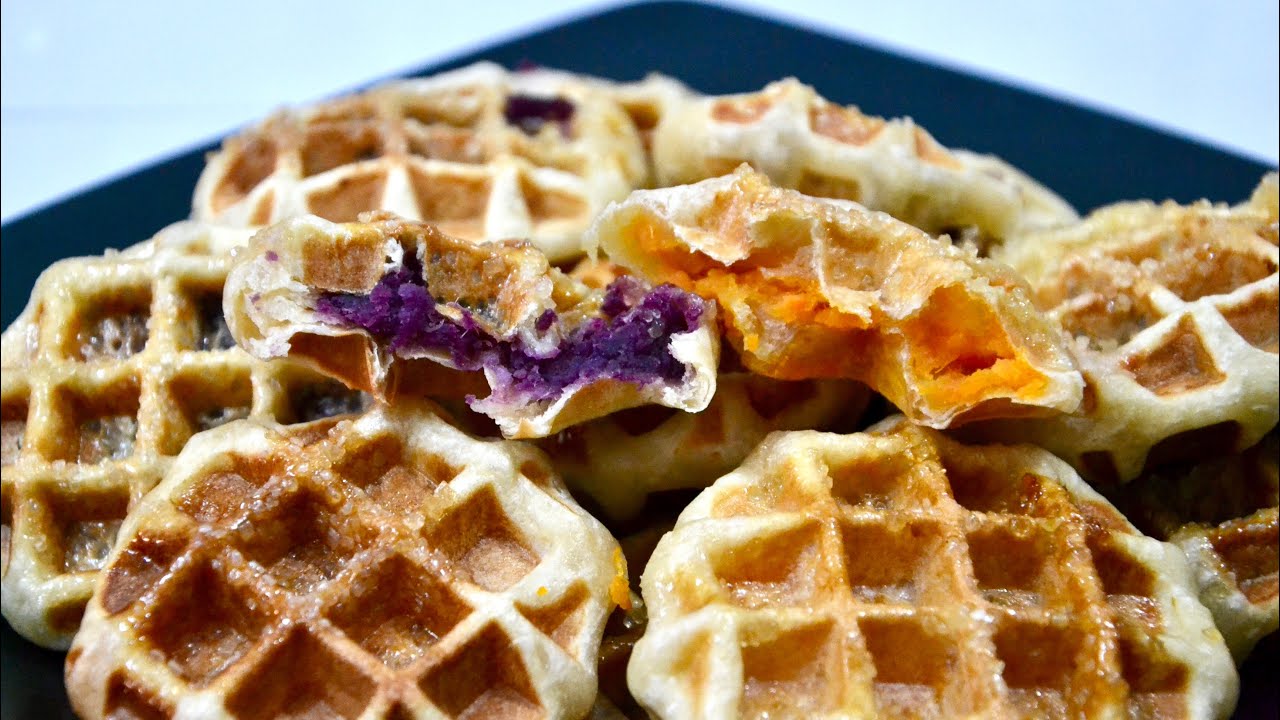 วาฟเฟิลเบลเยี่ยมไส้มันม่วง วิธีทำแป้งวาฟเฟิล ไส้มันม่วง ไส้มันเทศ Thai Style Belgian Waffle
