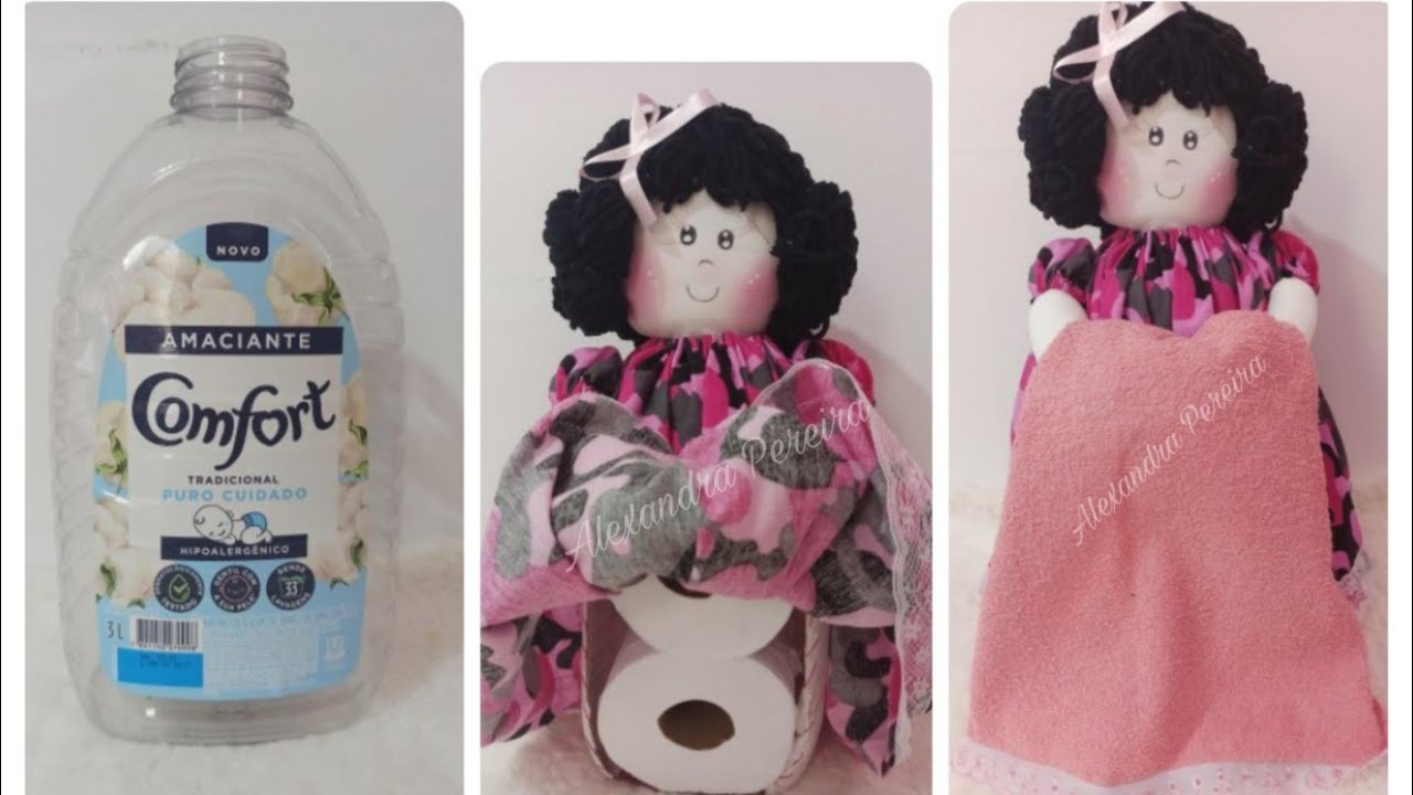BONECA PORTA PAPEL HIGIÊNICO PORTA TOALHA FEITA COM GARRAFA DE AMACIANTE❤️
