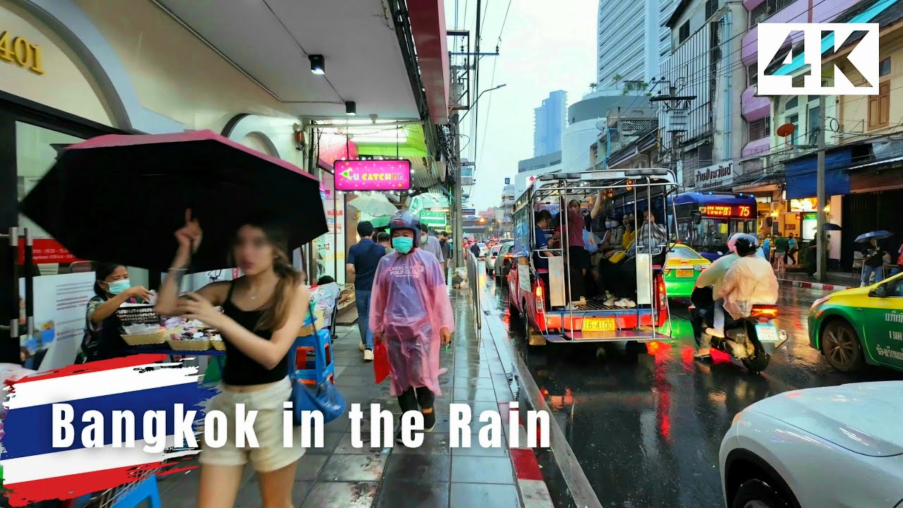 Bangkok, Thailand | Marknaden Bangrak | Regnpromenad 4K