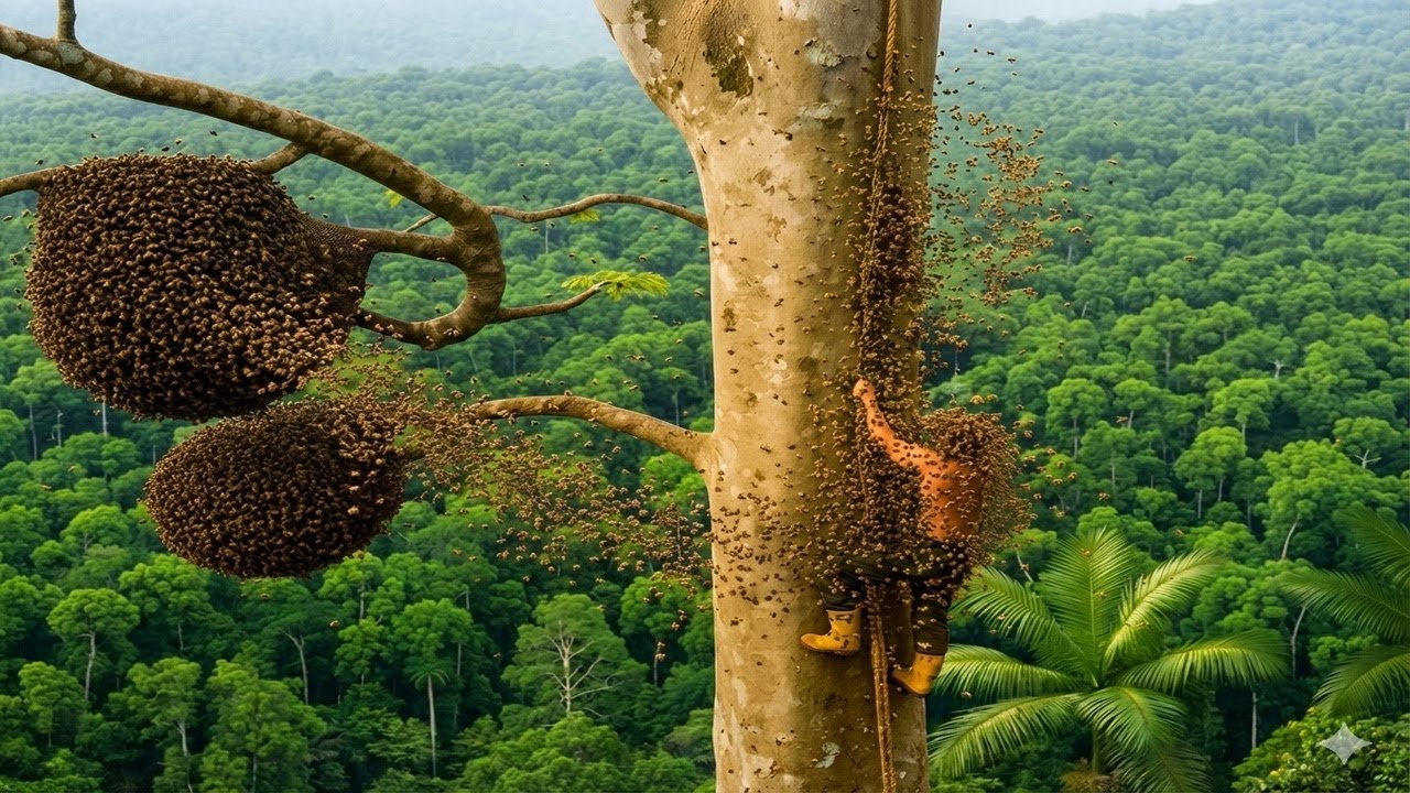 Harvesting Wild Honey While Giant Bees Attack