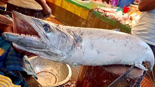 Incredible Giant Seer Fish Cutting Live In Fish Market | Fish Cutting Skill