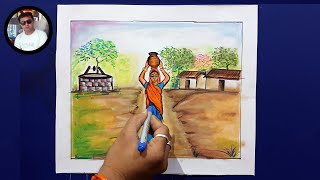 How To Draw Village Scenery With Oil Pastels | Drawing Tutorial | By Kailash Prajapati |